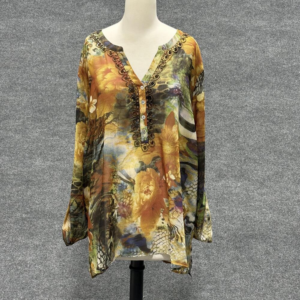 Soft Surroundings Blouse Womens 3X Multicolor Floral Animal Print Sheer Tunic